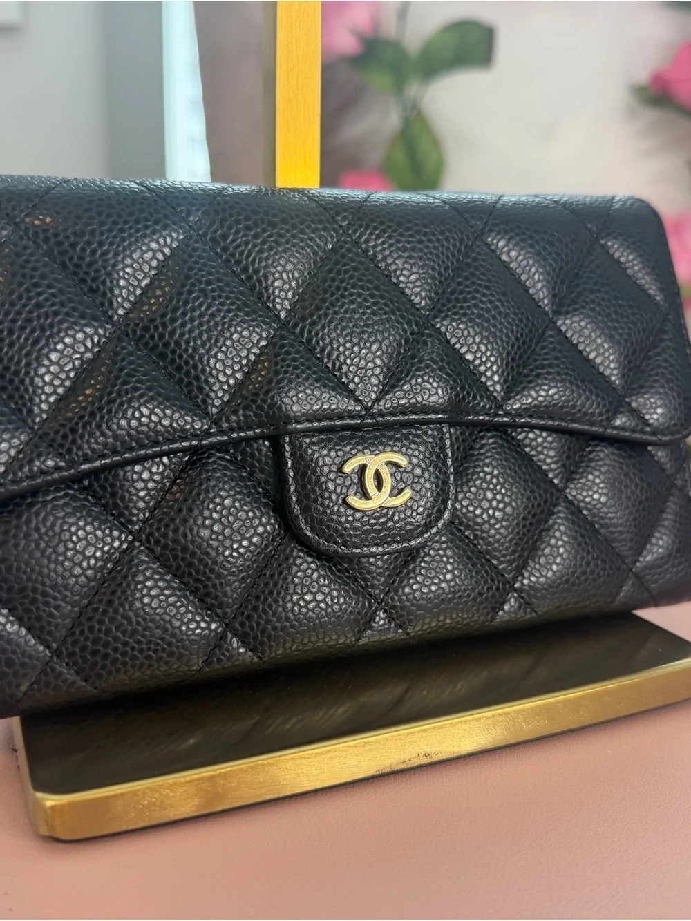 CHANEL Black Caviar Leather Classic Flap Wallet Medium Trifold Gold CC Vintage